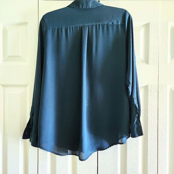 Apt 9 Darkest Green Button Down Roll Tab Sleeve Blouse Size Large - Picture 5 of 5